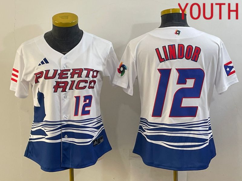 Youth 2023 World Cub Puerto Rico #12 Lindor White MLB Jersey6